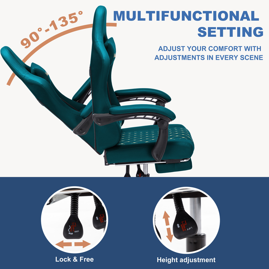 ANDYOU Ergonomischer Gaming Chair im Racing-Style aus PU-Leder in Blau mit Kopfstütze und Armlehnen - Bild 2