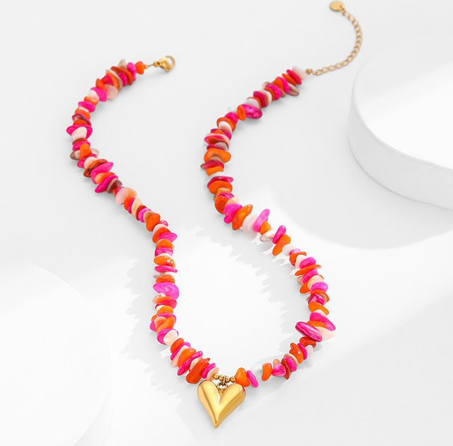 Loe Halskette, Rosa Naturstein Herz, Edelstahl, Gold, Damen - Bild 1