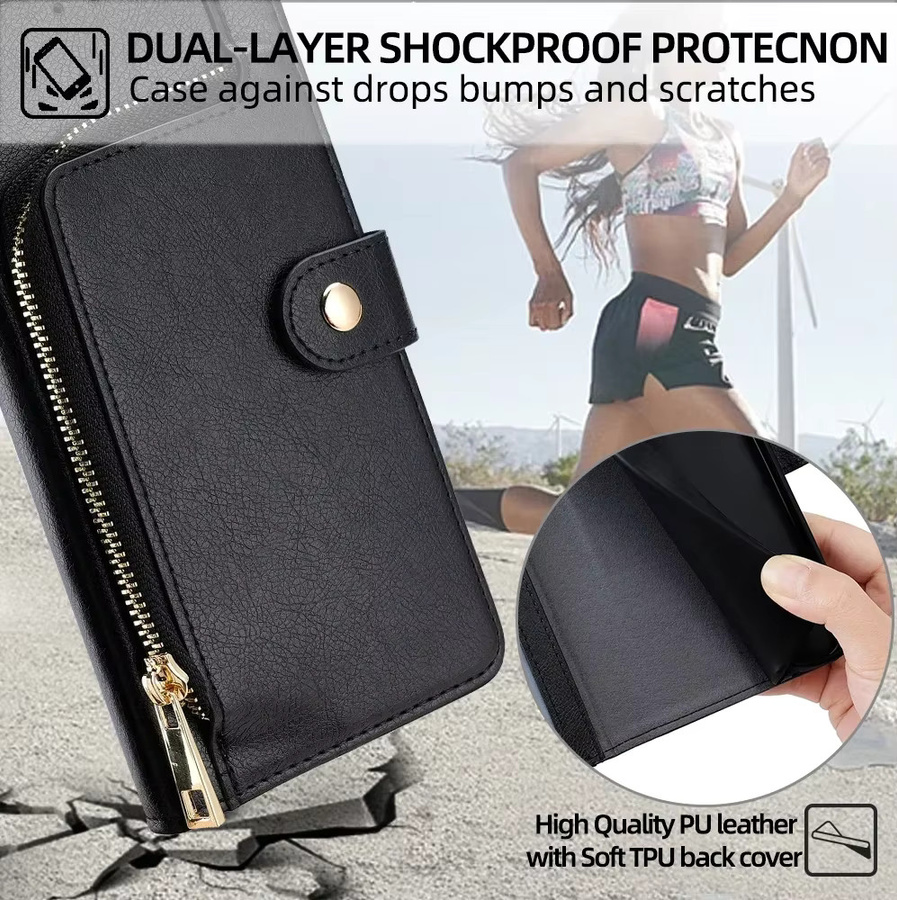 Leder-Handyhülle mit Reißverschluss und Lanyard als Brieftasche und Flip Cover für iPhone Modelle in Schwarz oder Braun - Bild 5