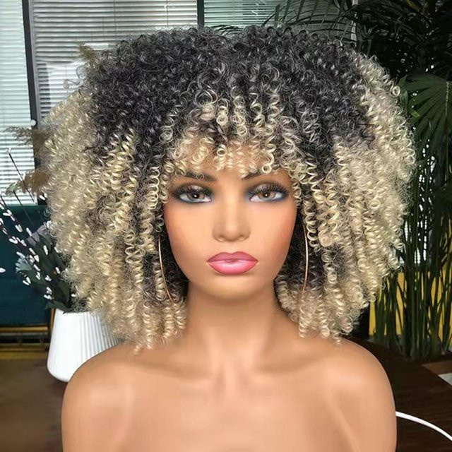 Weihexin Afro-Perücke, kurze Locken mit Pony, braun-blond gemischt, Damen - Bild 1
