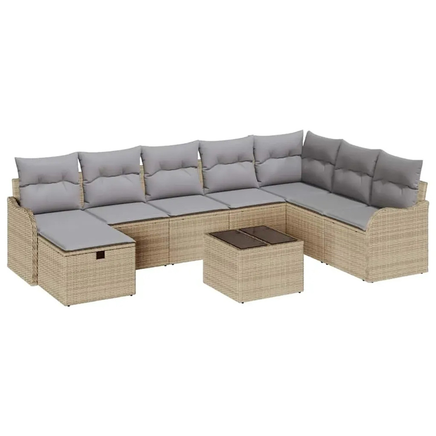 vidaXL Garten-Sofa-Set aus Poly-Rattan in Beige, 9-teiliges Lounge-Set mit Kissen, Ecksofa, Sesseln, Ottoman und Couchtisch inklusive integriertem Kissen-Speicher - Bild 2
