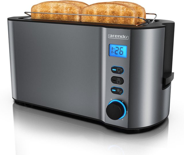 Arendo Langschlitztoaster für 4 Scheiben aus Edelstahl in Silber mit 1500W, Restzeitanzeige und Brötchenaufsatz - Bild 1