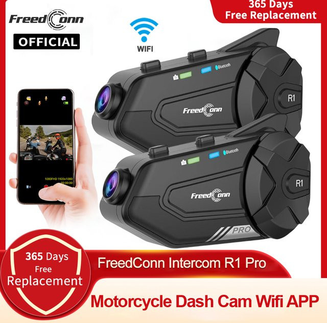 Freedconn R1 Pro Bluetooth Motorrad Intercom Helm Headset mit WiFi App und Dash Cam DVR in Schwarz - Bild 1