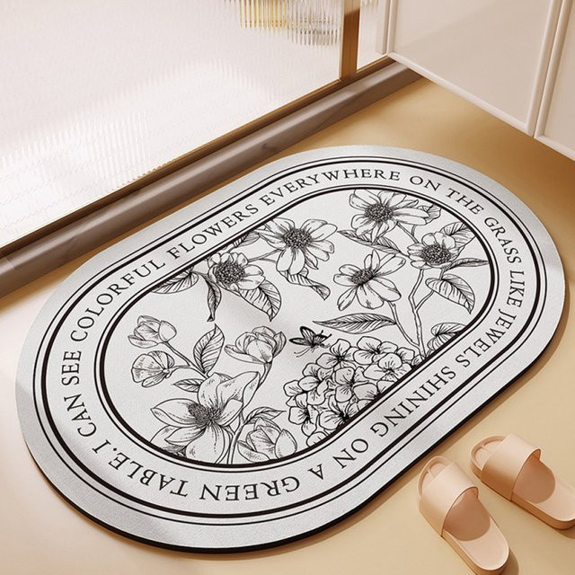 VIKAMA Badezimmer-Fußmatte oval mit floralem Design in Weiß, rutschfest und saugfähig - Bild 1