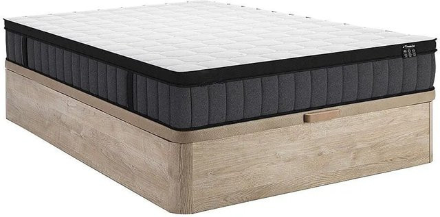 YSMÉE Tolca Bettgestell mit Matratze und Lattenrost aus Massivholz mit Bettkasten, Farbe Beige, B/T/H: 160 x 200 x 250 cm - Bild 1
