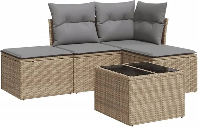 vidaXL 5-tlg. Garten-Sofagarnitur in L-Form mit Polsterkissen und Couchtisch, Beige/Grau, Poly-Rattan mit Metallgestell - Bild 1