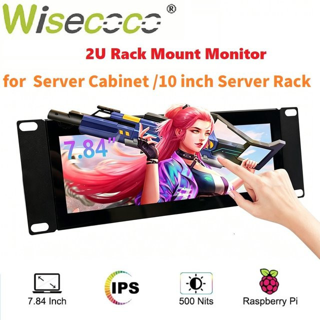 Wisecoco 7,84 Zoll Rack-Mount Touchmonitor in Schwarz, 1280x400 Bar-LCD-Display für 10 Zoll 2U Rack-Servergehäuse - Bild 1