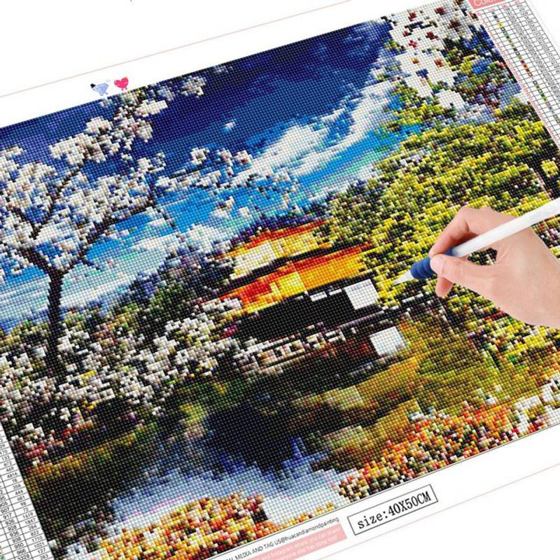 FIYO 5D Diamantgemälde Sakura Landschaft mit japanischer Kirsche, Mosaik-Stickerei in Mehrfarbig, B/H: 20 x 30 cm - Bild 1