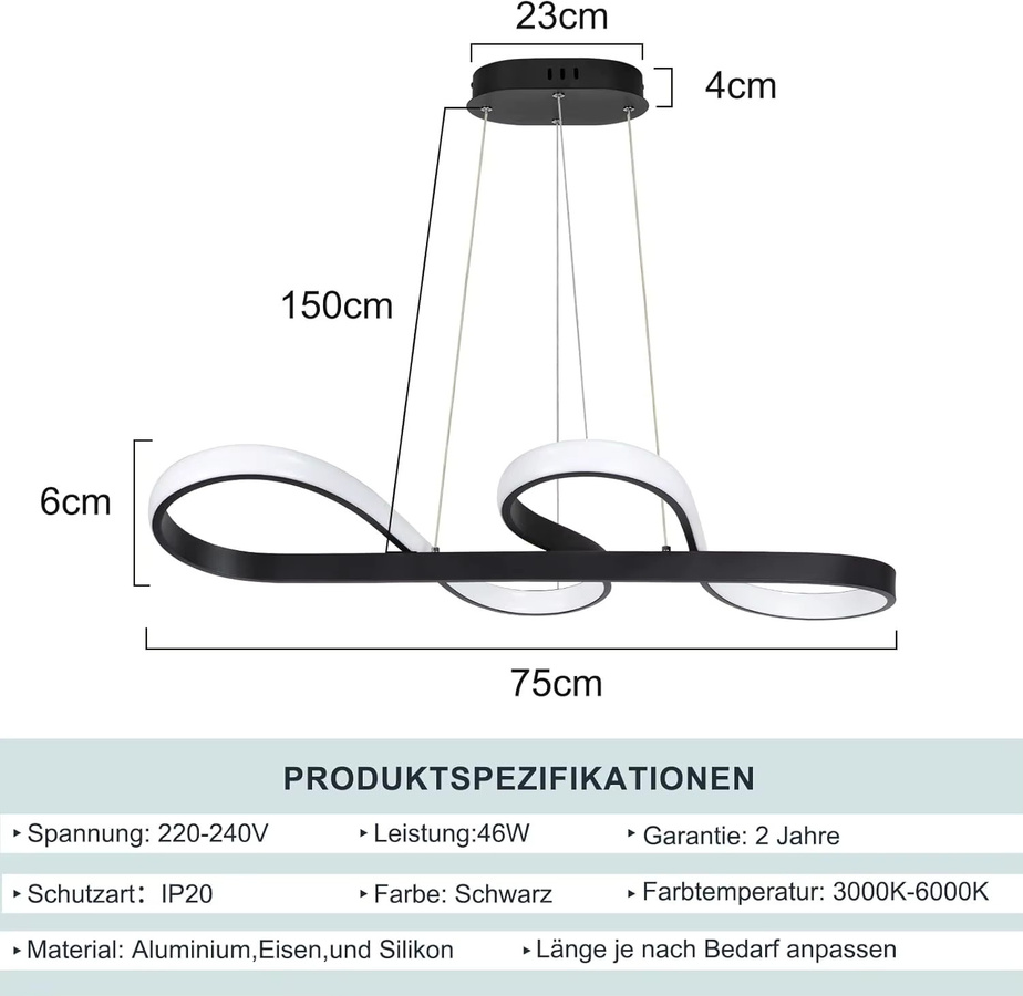 Moderne LED-Hängelampe in Schwarz aus Silikon und Aluminium mit Fernbedienung, 58 W, höhenverstellbar und dimmbar für Wohnzimmer, Esszimmer oder Büro - Bild 2