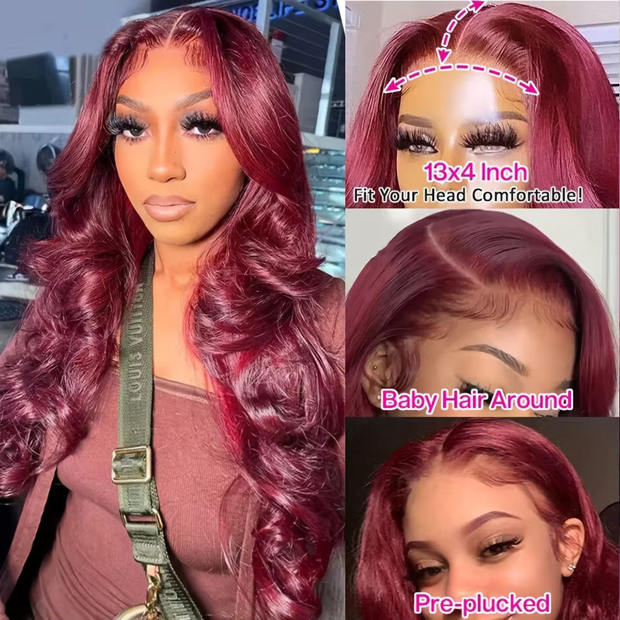 UVEOUS Echthaarperücke, Body Wave, Burgunderrot, 13x4 Lace Frontal, Damen - Bild 3