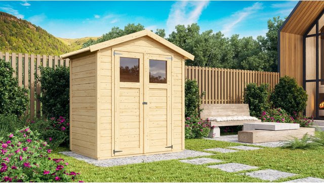 Karibu Holz Gartenhaus Hombach naturbelassen mit 14mm Wandstärke - Bild 1