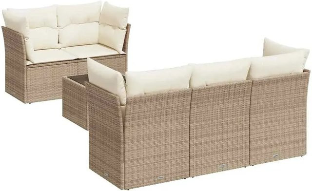 vidaXL 6-teilige Garten-Sofagarnitur in U-Form aus Poly-Rattan in Beige mit Tisch und Kissen - Bild 1