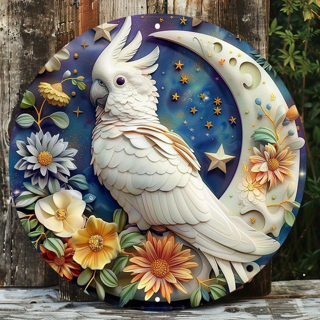 Potdemiel Aluminium-Wandkunstschild mit weißem Kakadu- und Blumenmuster, quadratisch, B/H: 20,32 x 20,32 cm - Bild 1