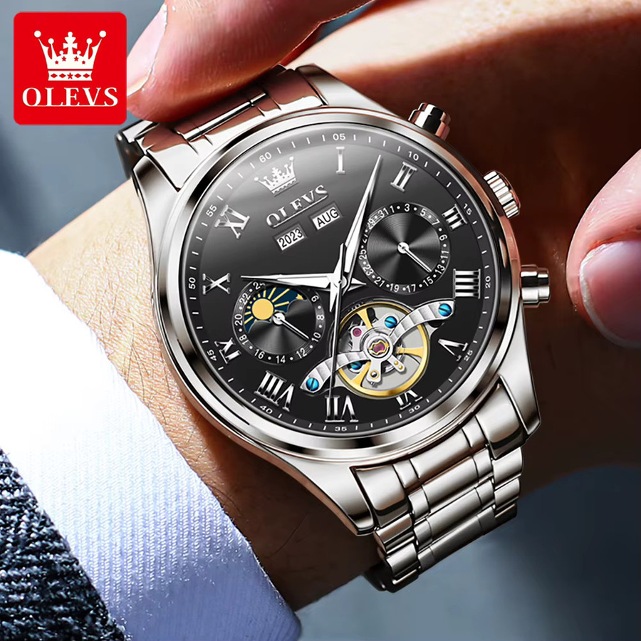 OLEVS Armbanduhr Automatik, Edelstahl, Schwarz, Silber, Herren - Bild 3