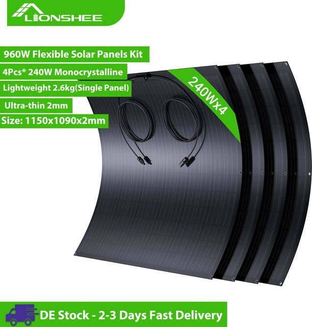 AUFU Flexibles Solarmodul-Set 960W mit 4 x 240W Monokristallinem Silizium in Schwarz, IP67-geschützte PV-Module für Balkon, Wohnmobil und Boot - Bild 1