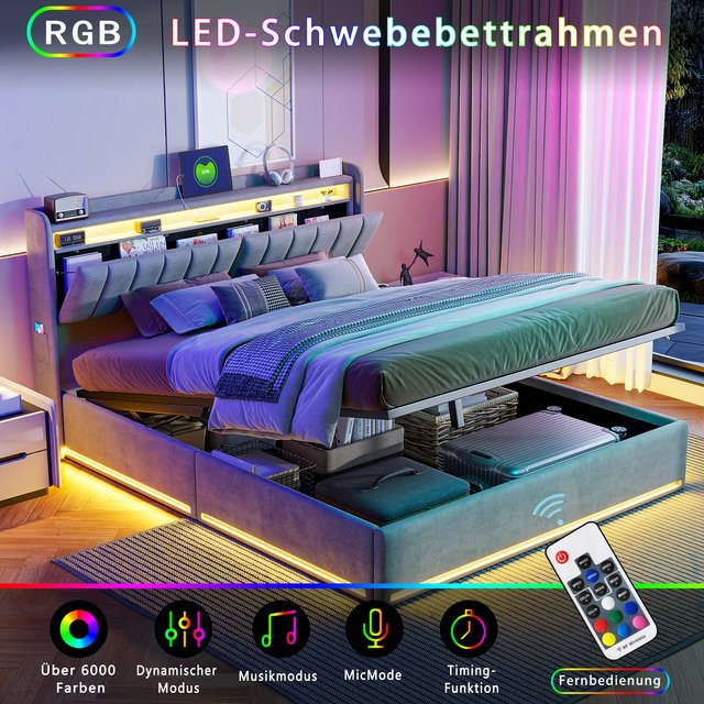 Rosahqnda Doppelbett mit Polsterung aus Samt, Kopfteil mit LED-Beleuchtung, USB-Anschlüssen und integriertem Stauraum, B/T/H: 140 x 200 cm oder 160 x 200 cm - Bild 1