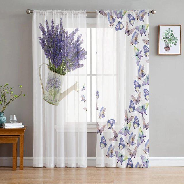 Transparenter Tüllvorhang von Yiran Furniture mit Lavendelblumen und Schmetterlingen in Lila und Karomuster, Breite: 135 cm, Höhe: 115 cm - Bild 1