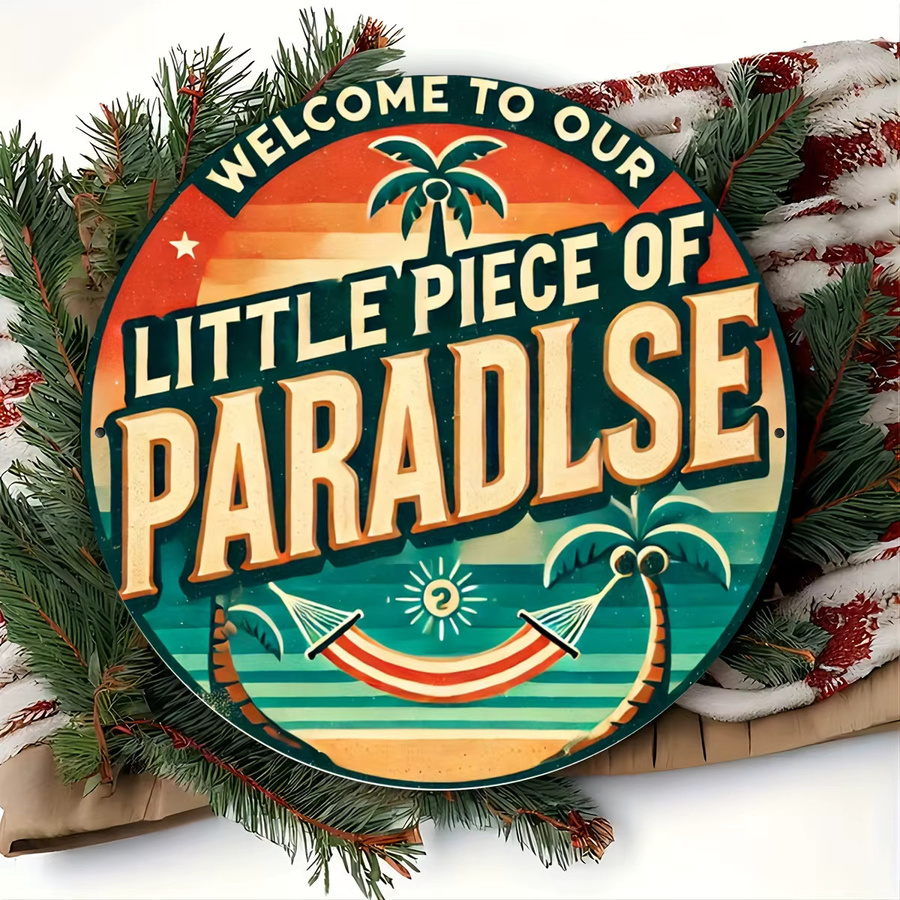 Potdemiel Vintage Aluminiumschild Welcome to Our Little Piece of Paradise Rund mit tropischem Motiv, Durchmesser: 20 cm, Mehrfarbig - Bild 5