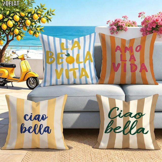 4er-Set Ciao Bella Kissenhüllen mit italienischem Streifenmuster in Blau und Weiß, B/B: 60 x 60 cm - Bild 1