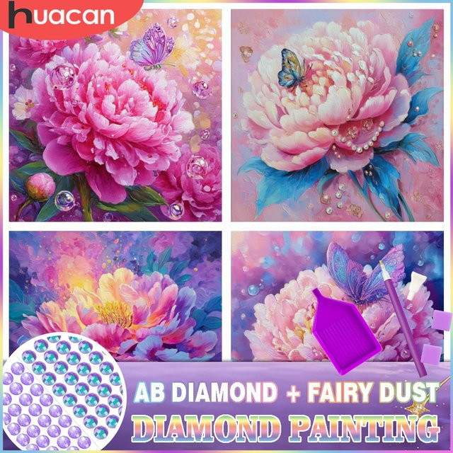HUACAN Diamantmalerei Pfingstrose mit Schmetterling als 5D Diamant-Mosaik Set, Rund, Multicolour - Bild 1