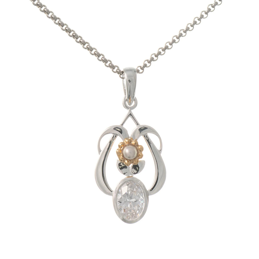 Anhänger mit Kette 925 Silber, teilvergoldet, Zirkonia weiß, Perle - Bild 1