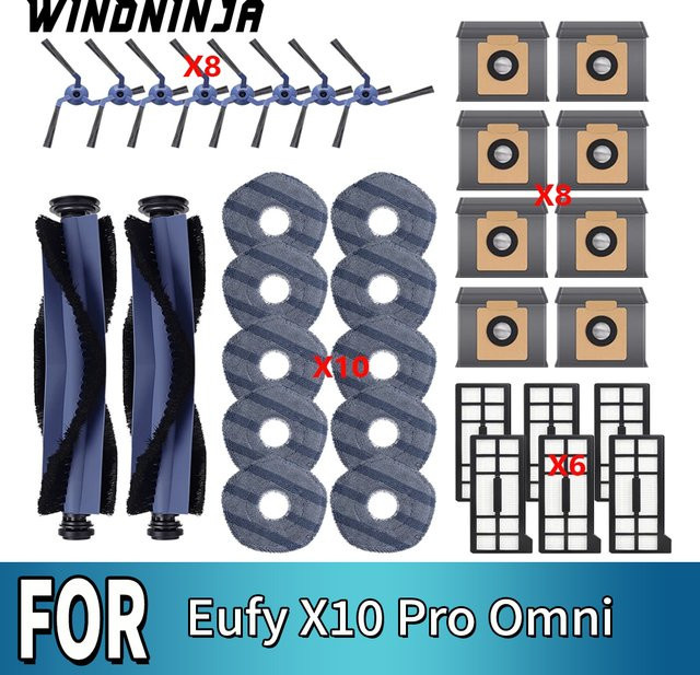 WINDNINJA Ersatzteil-Set für Eufy X10 Pro Omni Roboterstaubsauger in Schwarz mit Rollenbürsten, Seitenbürsten, HEPA-Filtern, Wischtüchern und Staubbeuteln - Bild 1