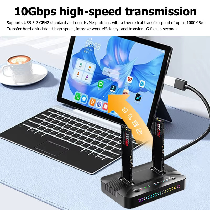 Kebidu M.2 NVMe/SATA Dual-Bay Festplatten-Dockingstation mit Offline-Clone-Funktion und USB 3.2 Gen2, Schwarz - Bild 2