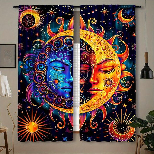 Tonnika Chen Vorhang-Set mit abstraktem Sonne-Mond-Design in Multicolor, 2er-Set aus Polyester, Breite: 100 cm, Höhe: 70 cm - Bild 1