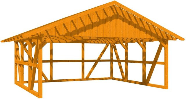 Skan Holz Carport Schwarzwald aus Fichtenholz mit Satteldach, Dachlattung und Rückwand in Eiche Hell, B: 684 cm, T: 600 cm - Bild 1