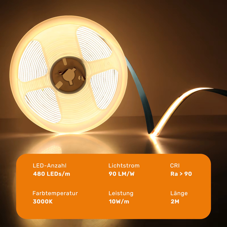 5er-Pack Oraymin COB-LED-Streifen 24 V, warmweiß 3000 K, selbstklebende Lichtstreifen 2 m Länge, 8 mm Breite - Bild 4