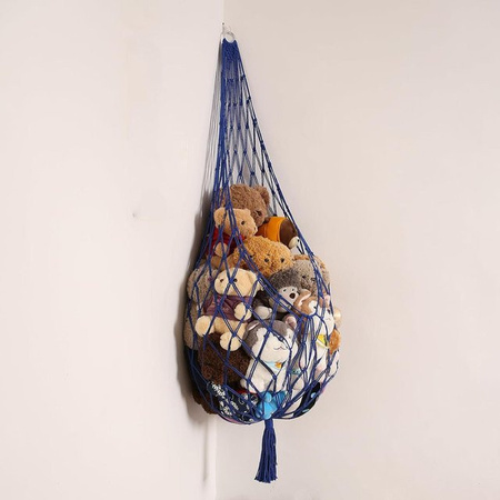 XGobuyFun Makramee Stofftier Aufbewahrungshängematte in Blau im Boho-Stil als Spielzeugnetz zur Eckaufhängung