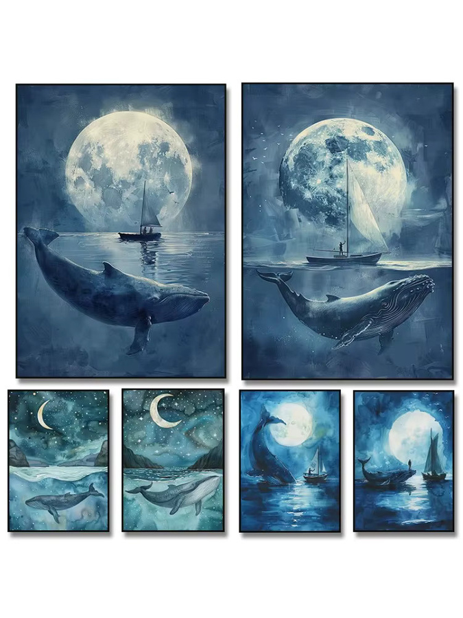 Potdemiel Leinwand Wandkunst Poster Blauwal Mond Stern Segelboot Meer Ozean für Kinderzimmer Dekoration in Blau - Bild 4