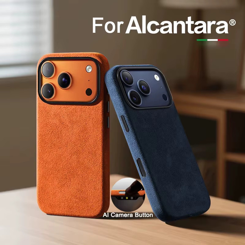KOOYUTA Alcantara Magnet-Hülle für iPhone 17 Pro Max mit MagSafe und Smart Button Schutzhülle in Grau und Orange - Bild 2
