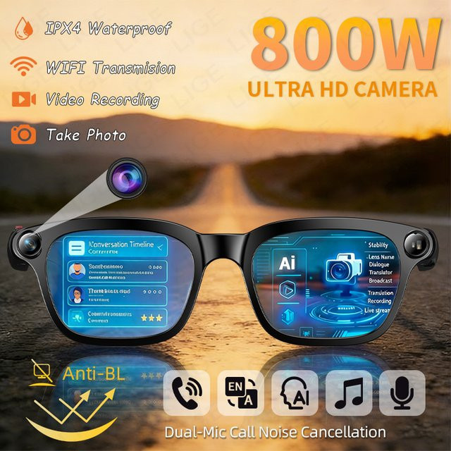 LIGE KI-Smart-Brille in Schwarz mit 8MP HD-Kamera, KI-Übersetzung, Bildaufnahme, Konversationsaufzeichnung und Musikwiedergabe - Bild 1
