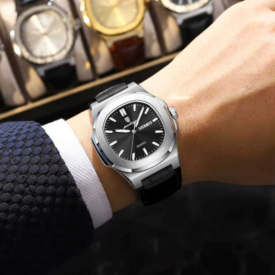 POEDAGAR Armbanduhr, Quarz, Leder, Schwarz, Silber, Herren - Bild 6