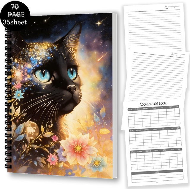 Spiral-Notizbuch mit Sternenmuster und schwarzer Katze, magisches Tagebuch mit Katzenmotiv, Softcover, liniertes A5 Notizbuch in Schwarz und Multicolour - Bild 1