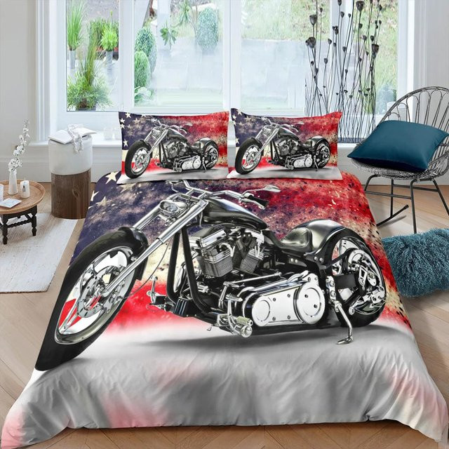 Bettwäsche-Set mit Motorrad- und Traktor-Motiv aus 100% Polyester, 3-teilig, Mehrfarbig, B/H: 140 x 200 cm - Bild 1