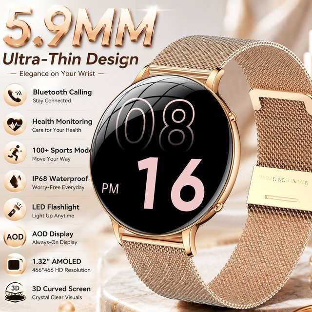 ChiBear Smartwatch für Damen in Gold mit AMOLED HD Display, GPS-Tracking, Bluetooth-Anruffunktion und wasserdichtem Design - Bild 1
