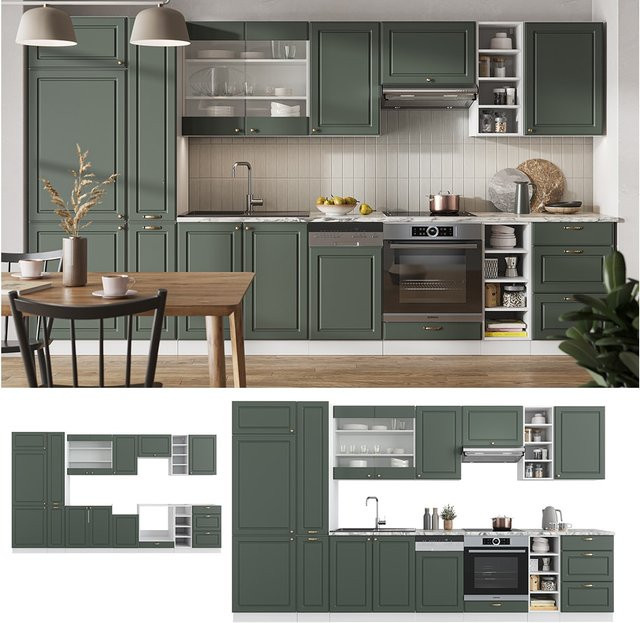 Vicco Küchenzeile Fame-Line Landhausstil Weiß Grün Gold 355 cm - Bild 1