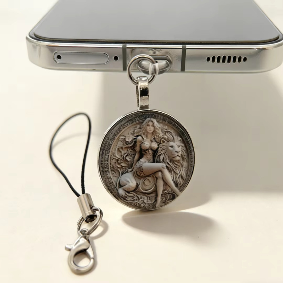 Vintage Lanyard Telefon-Staubschutz mit Anti-Verlust-Gurt und Löwen-Prägung in Silber - Bild 3