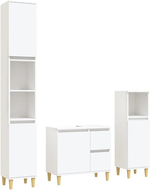 vidaXL 3-tlg. Badmöbel-Set Modell 10 in Weiß aus Holzwerkstoff und Eukalyptus mit Waschbeckenunterschrank sowie zwei Standschränken - Bild 1