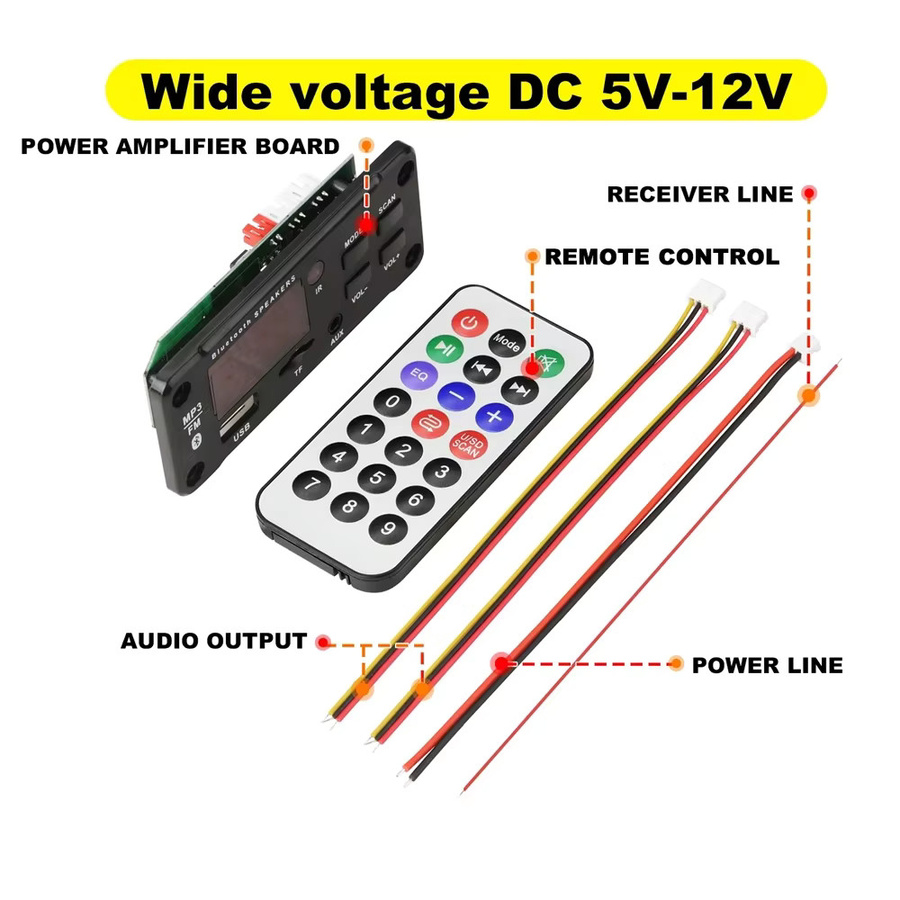 KEBIDU Bluetooth MP3-Player Kabelloses DC 12V MP3-Decoder-Board mit USB-C, TF-Slot und FM-Radio in Schwarz - Bild 6
