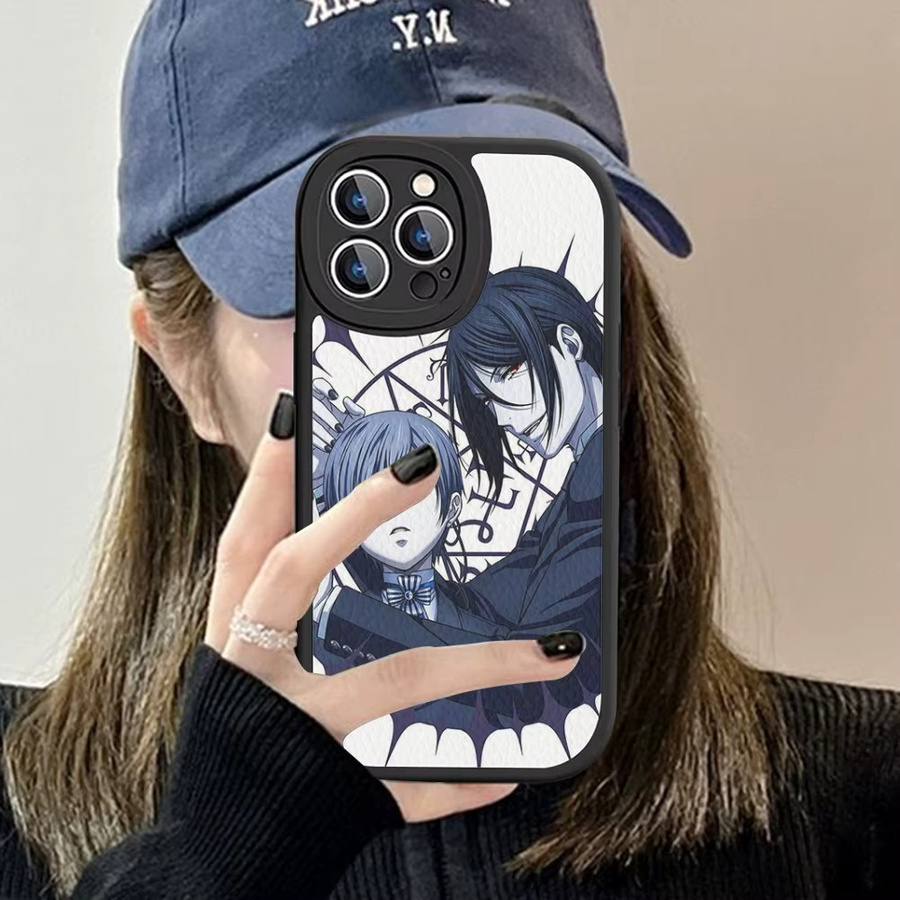 Handyhülle im Anime Butler Design aus schwarzem Hartleder für iPhone 15 14 13 12 11 Pro Max XS XR 7 8 Plus - Bild 2