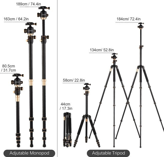 Andoer Tragbares Fotografie-Stativ aus Aluminiumlegierung in Schwarz, Höhe: 184 cm, Tragfähigkeit: 8 kg - Bild 1