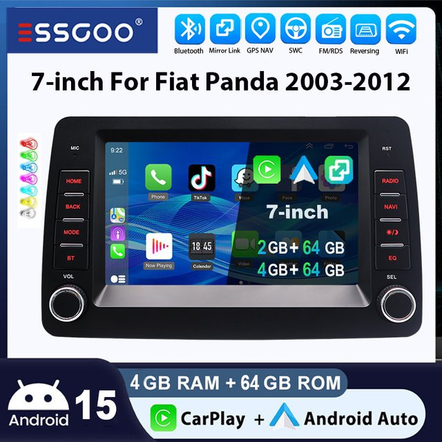ESSGOO Multimedia Autoradio mit Android 15 und 7 Zoll Touchscreen für Fiat Panda 2003-2012, GPS Navigation, Wireless CarPlay, Android Auto, Bluetooth und Mirror Link, Farbe: Schwarz - Bild 1