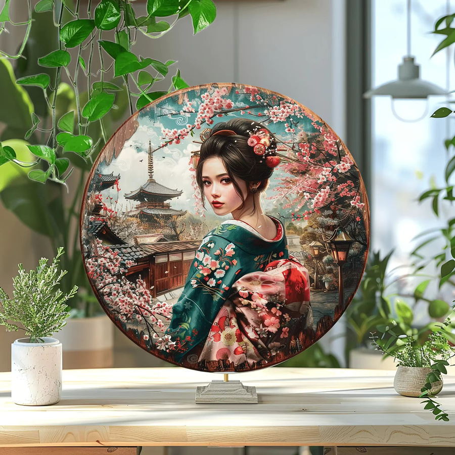 Rundes Metall-Blechschild mit japanischem Kimono und Masken-Motiv in Rot und Mehrfarbig, Durchmesser: 20 cm - Bild 3
