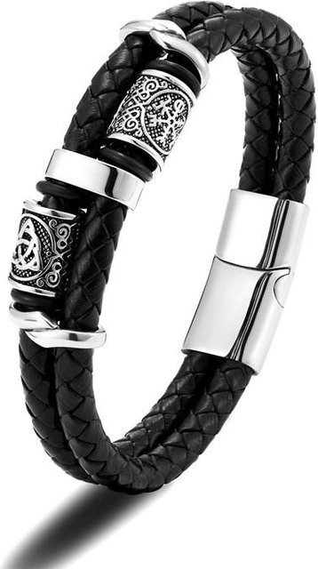 Armband Wikinger Kompass Runen Amulett, Edelstahl, Leder, Silber, Herren, 23cm - Bild 1