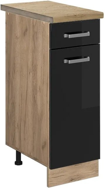 Vicco Küchenunterschrank R-Line in Schwarz Hochglanz und Goldkraft Eiche mit Scharniertüren, B/T/H: 30,0 x 60,0 x 81,6 cm - Bild 1