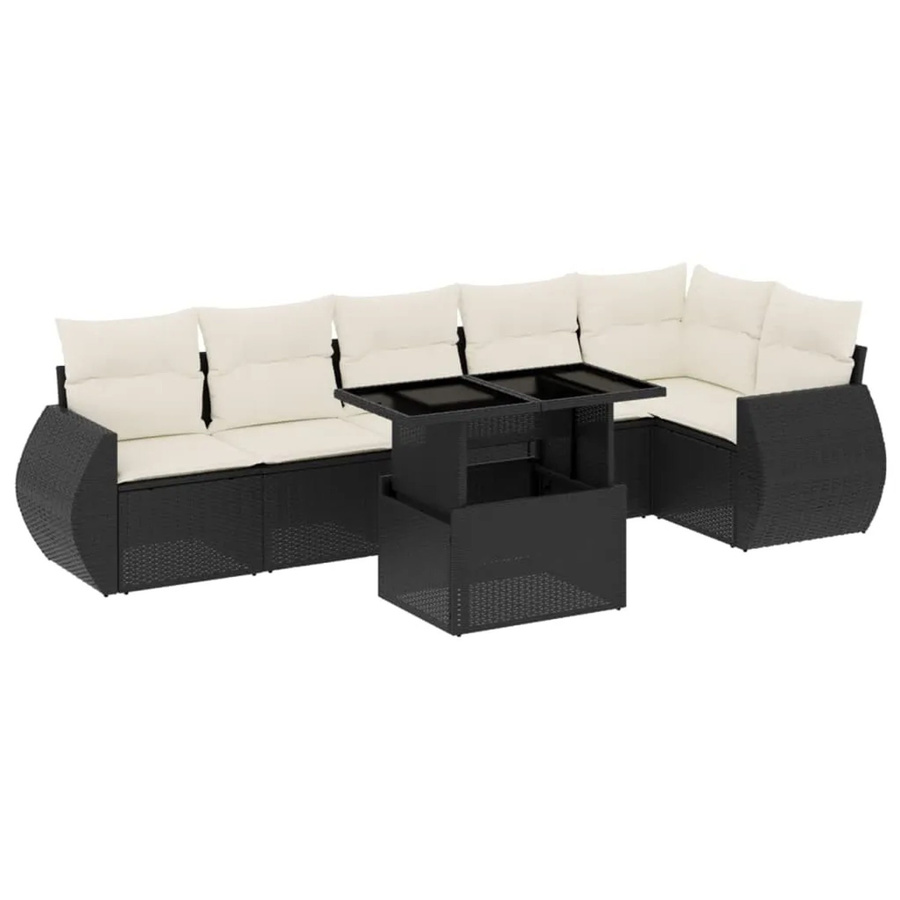 vidaXL 7-teilige Garten-Sofagarnitur in L-Form aus Poly-Rattan in Schwarz-Creme mit Kissen und Armlehnen - Bild 2