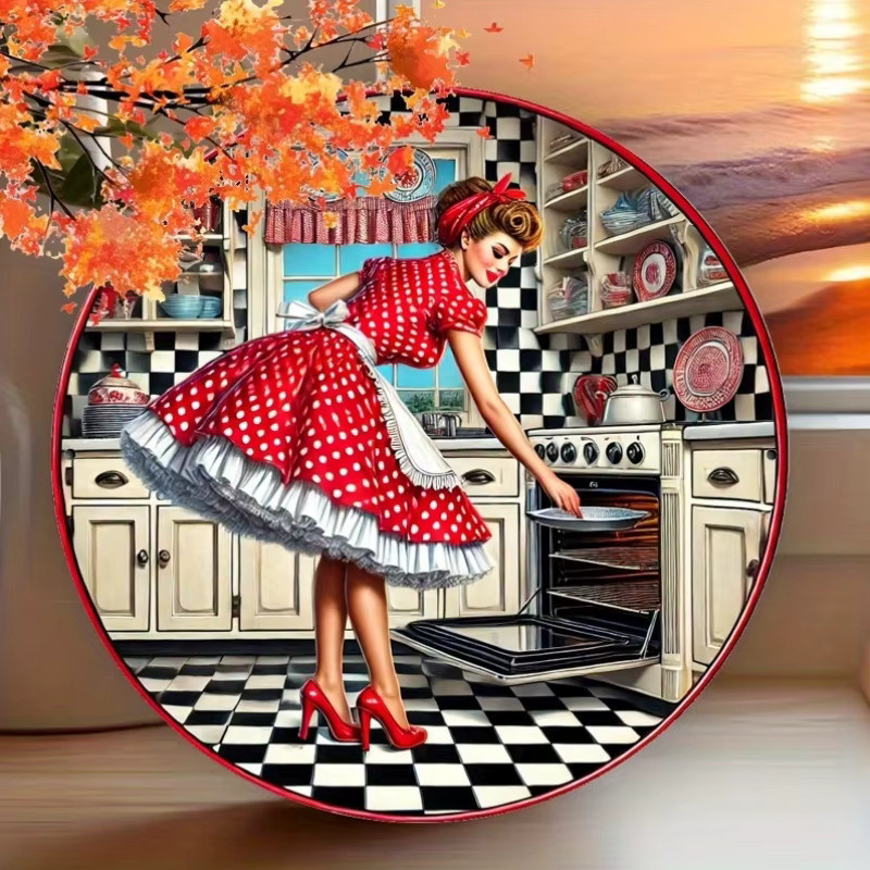 Potdemiel Vintage Metallschild für die Küche mit rotem Polka-Dot-Kleid Design, rund, Durchmesser: 19,8 cm - Bild 5